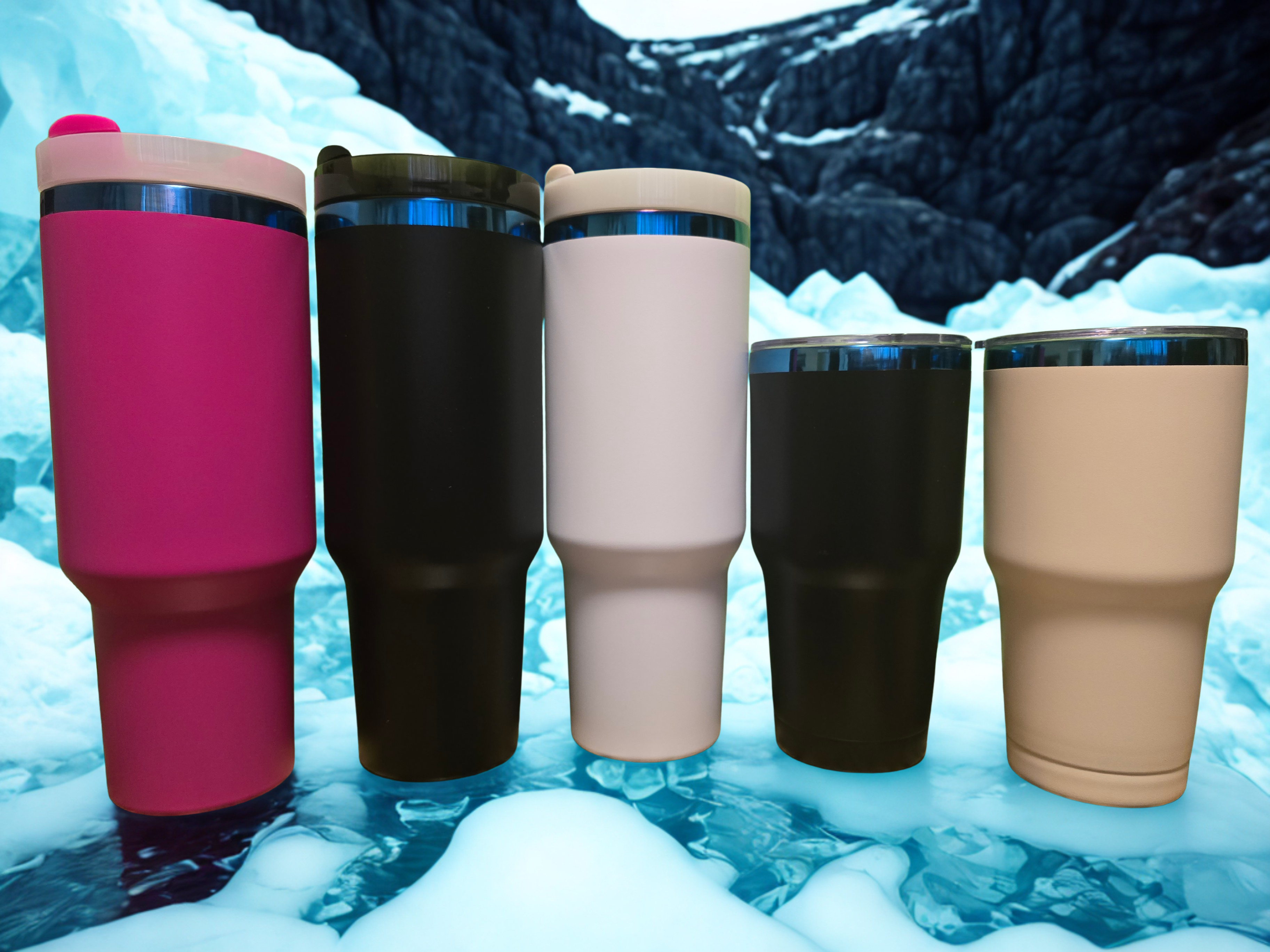 Assorted tumbler styles with blue-plated metal finish